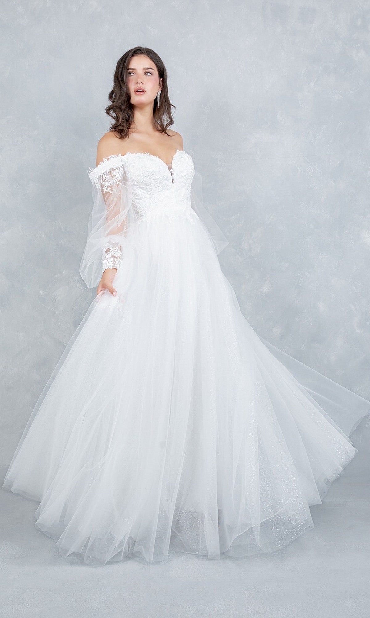 A woman wearing the Cinderella Couture 4233 long formal dress, featuring an off-the-shoulder neckline, embroidered bodice, lace sleeves, and a full tulle skirt, stands against a light gray textured background.